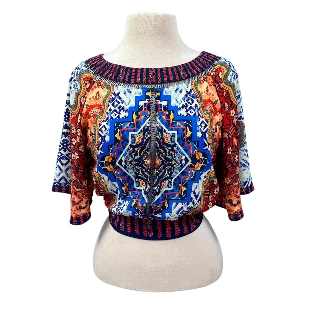 Jealous Tomato Blouse Womens S Multicolor Boho Tribal Geo Cropped Open Back